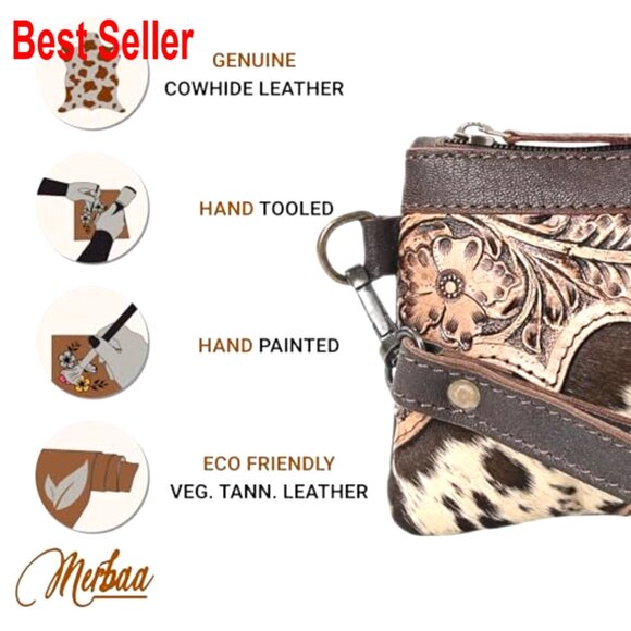 Hand Tooled Natural Cowhide Leather Clutch Bag with Zipper Pocket